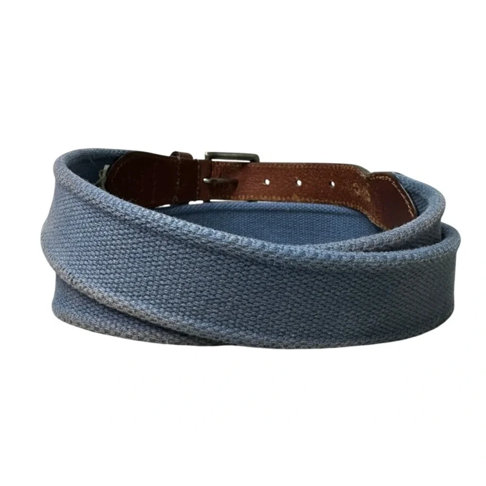 Tommy Bahama Mens XL 42-44 Blue Canvas Brown Leather Web Belt Marlin Logo